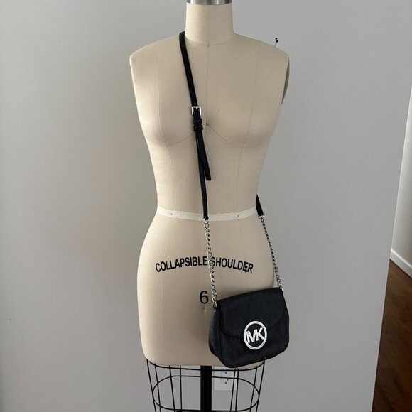 Michael Kors Handbags - Michael Kors Leather MK Monogram Crossbody Bag Black with Silver hardware